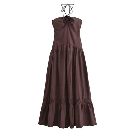 Delma Rosette Holiday Maxi Dress In Brown - front flat-lay product shot - Miss Mosa By Akanksha