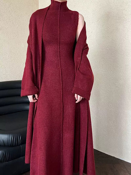 Delmi Winter Dress With Cape - front shot on model, red - Miss Mosa By Akanksha
