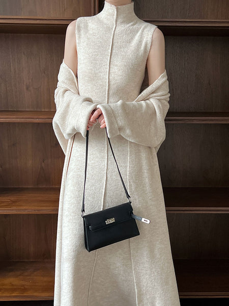 Delmi Winter Dress With Cape - front shot on model, off-white - Miss Mosa By Akanksha
