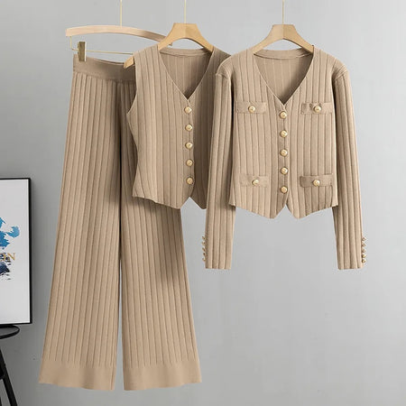 Delora Luxe Winter 3 Pc Coord Set - hanging product shot, khaki - Miss Mosa By Akanksha