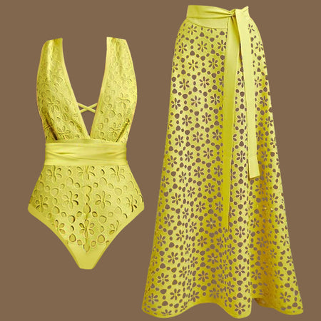 Delphina Cutout Swimsuit With Skirt - flat-lay shot, yellow - Miss Mosa By Akanksha