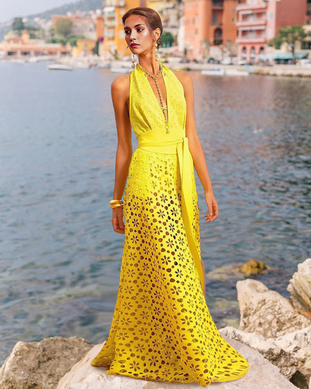 Delphina Cutout Swimsuit With Skirt - full-length shot, yellow - Miss Mosa By Akanksha