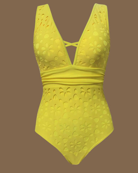 Delphina Cutout Swimsuit With Skirt - flat-lay shot, yellow - Miss Mosa By Akanksha