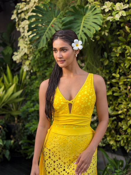 Delphina Cutout Swimsuit With Skirt - three-quarter shot on model, yellow - Miss Mosa By Akanksha