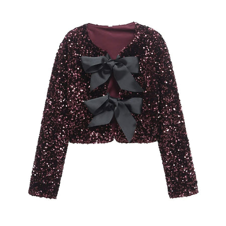 Delphina Party Sequin Bow Top - flat-lay shot, burgundy with black bows - Miss Mosa By Akanksha