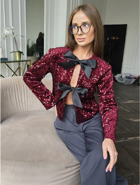 Delphina Party Sequin Bow Top - front shot, burgundy with black bows - Miss Mosa By Akanksha