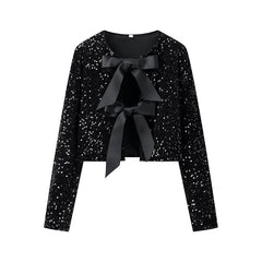 Delphina Party Sequin Bow Top - flat-lay shot, black with black bows - Miss Mosa By Akanksha