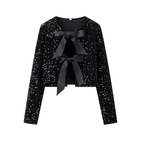 Delphina Party Sequin Bow Top - flat-lay shot, black with black bows - Miss Mosa By Akanksha