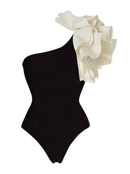 Delsa Rosette One Shoulder Swimsuit - flat-lay product shot, black - Miss Mosa By Akanksha