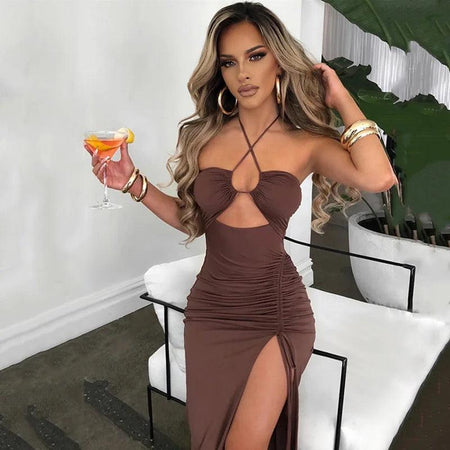 Delsa Strappy Midi Slit Dress - lifestyle shot on model, brown - Miss Mosa By Akanksha
