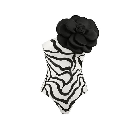 Delsey Strapless Rosette Monokini - flat-lay product shot, black and white - Miss Mosa By Akanksha