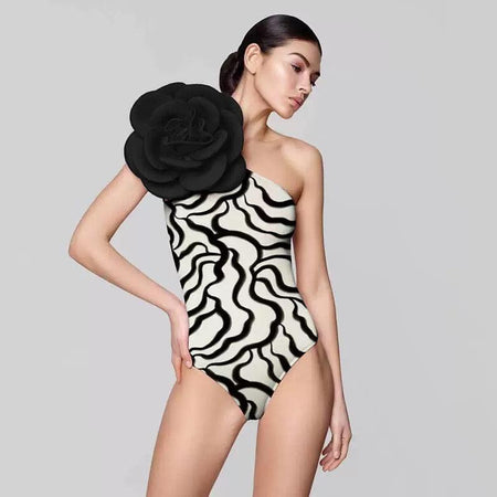 Delsey Strapless Rosette Monokini - front shot on model, black and white - Miss Mosa By Akanksha