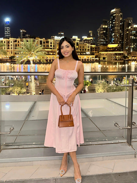 Delso Summer Lace Up Holiday Dress - lifestyle shot on model, pink - Miss Mosa By Akanksha