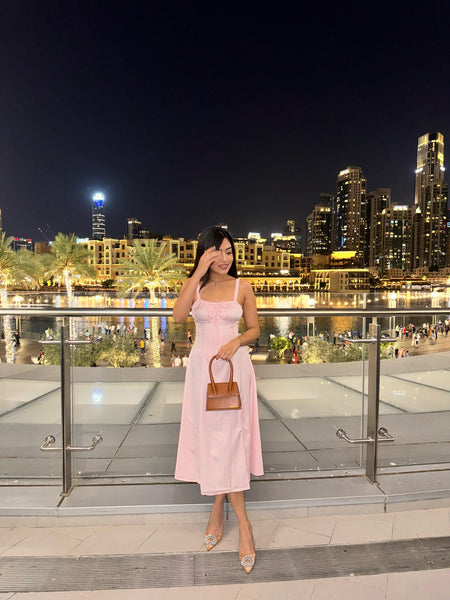 Delso Summer Lace Up Holiday Dress - lifestyle shot on model, pink - Miss Mosa By Akanksha