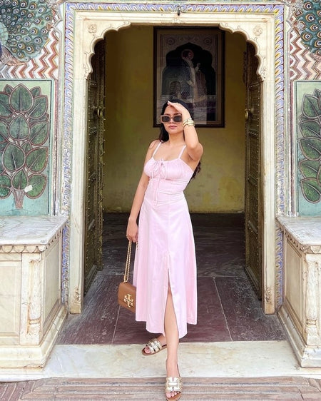 Delso Summer Lace Up Holiday Dress - lifestyle shot on model, pink - Miss Mosa By Akanksha