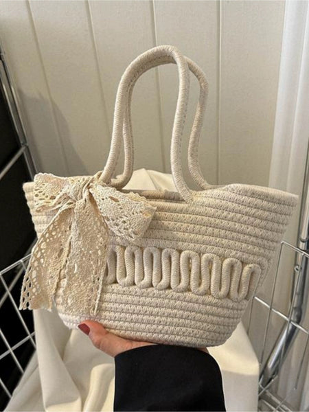 Delson Crochet Summer Bag with Bow In Beige - product shot, beige - Miss Mosa By Akanksha