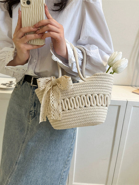 Delson Crochet Summer Bag with Bow In Beige - lifestyle shot on model, beige - Miss Mosa By Akanksha
