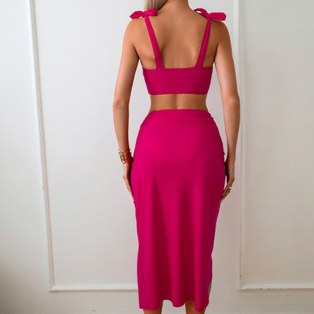 Demi Bikini with Sarong Skirt In Pink - back shot on model, pink - Miss Mosa By Akanksha