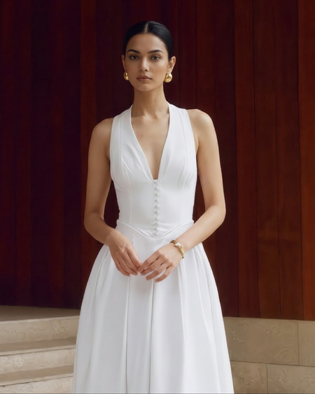 Demy Sleeveless Maxi Dress - close-up shot, white - Miss Mosa By Akanksha