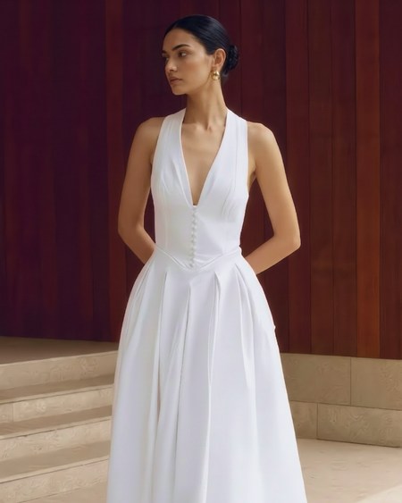 Demy Sleeveless Maxi Dress - three-quarter shot, white - Miss Mosa By Akanksha