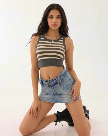 Demy Striped Crop Padded Top - seated shot, grey and cream striped - Miss Mosa By Akanksha