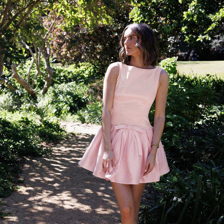 Denica Summer Mini Dress In Pink - full-length shot on model - Miss Mosa By Akanksha