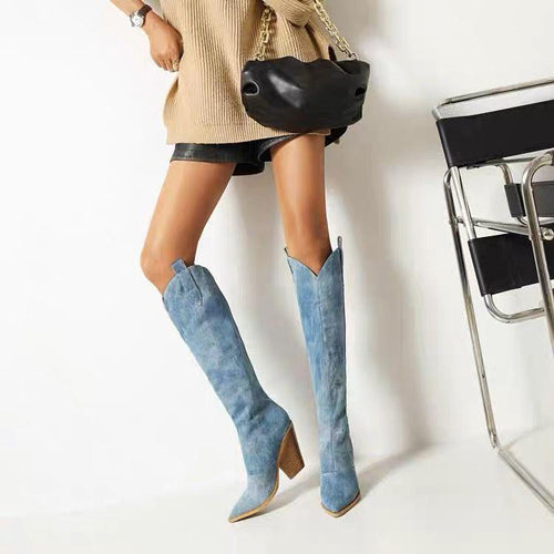 Denim Cowboy Blockheel Boots In Blue