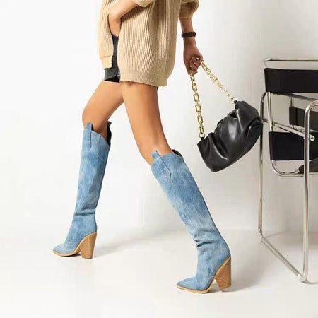 Denim Cowboy Blockheel Boots In Blue - lifestyle shot on model, blue - Miss Mosa By Akanksha