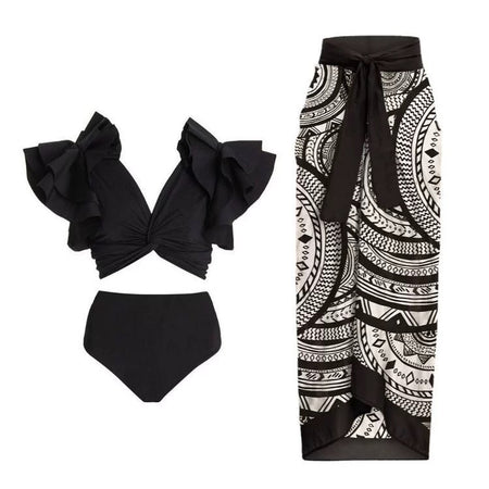 Denise swimsuit with Sarong Skirt - flat-lay product shot, black - Miss Mosa By Akanksha