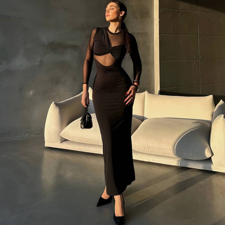 Denzen Statement Bodycon Maxi Dress In Black - full-length shot on model - Miss Mosa By Akanksha