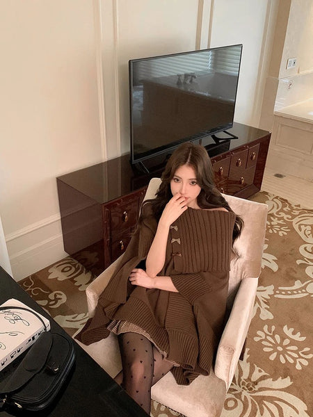 Dera Premium Winter Capes In Brown - styling shot on model seated - Miss Mosa By Akanksha