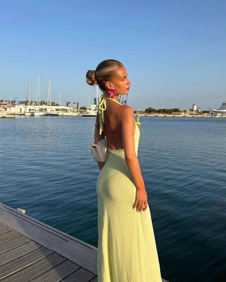 Dera Rosette Resortwear Holiday Dress In Mint - back shot on model by the sea - Miss Mosa By Akanksha