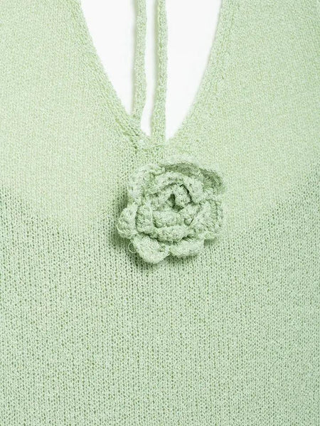 Dera Rosette Resortwear Holiday Dress In Mint - close-up shot of the rosette and neckline detail - Miss Mosa By Akanksha