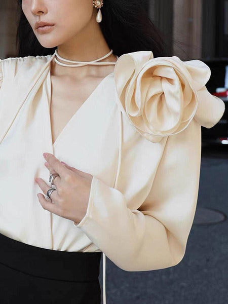 Derek Premium Rosette Blouse - close-up of rosette detail, cream - Miss Mosa By Akanksha