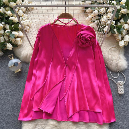Derek Premium Rosette Blouse - styled flat-lay shot, pink - Miss Mosa By Akanksha