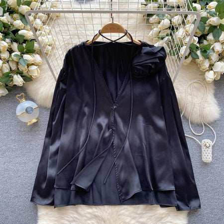 Derek Premium Rosette Blouse - styled flat-lay shot, black - Miss Mosa By Akanksha