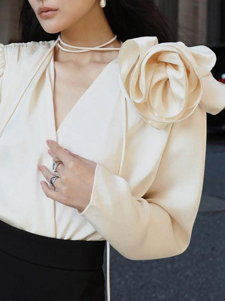 Derek Premium Rosette Blouse - front shot on model, cream - Miss Mosa By Akanksha