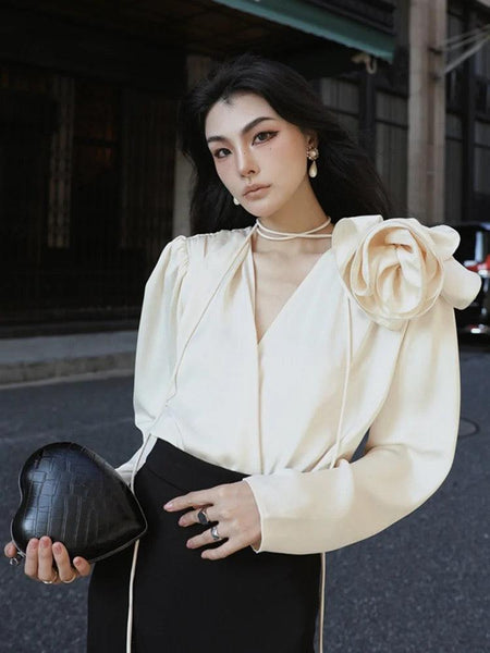 Derek Premium Rosette Blouse - front shot on model, cream - Miss Mosa By Akanksha