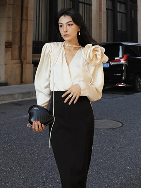 Derek Premium Rosette Blouse - front shot on model, cream - Miss Mosa By Akanksha