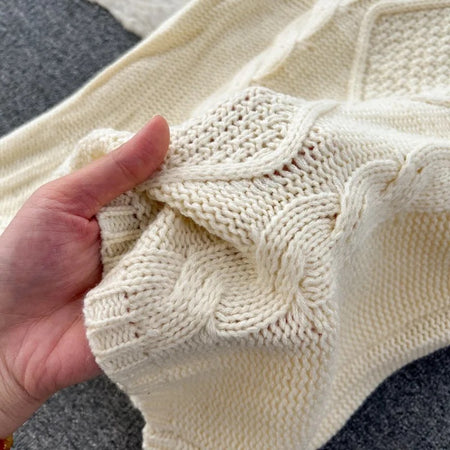 Deremy Knitted Premium Woolen Coord Set - close-up of cable knit texture, cream - Miss Mosa By Akanksha