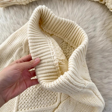 Deremy Knitted Premium Woolen Coord Set - close-up of neckline detail, cream - Miss Mosa By Akanksha