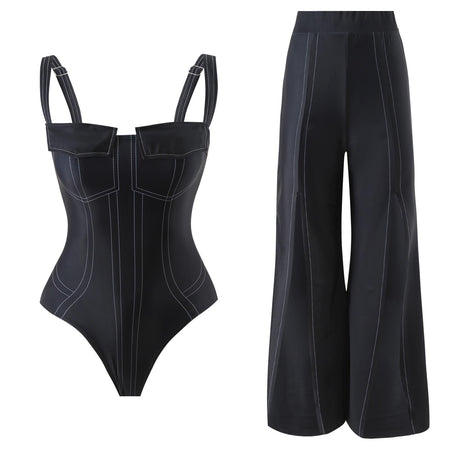 Deris Swimsuit With Pants In Black - flat-lay product shot of swimsuit and trousers - Miss Mosa By Akanksha