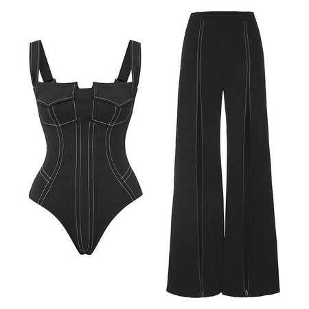 Deris Swimsuit With Pants In Black - flat-lay product shot of swimsuit and trousers - Miss Mosa By Akanksha