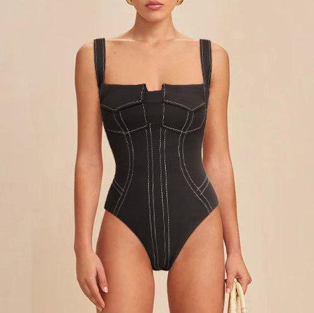 Deris Swimsuit With Pants In Black - front shot on model of the swimsuit - Miss Mosa By Akanksha