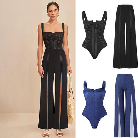 Deris Swimsuit With Pants In Black - flat-lay product shot of swimsuit and trousers with colourways - Miss Mosa By Akanksha
