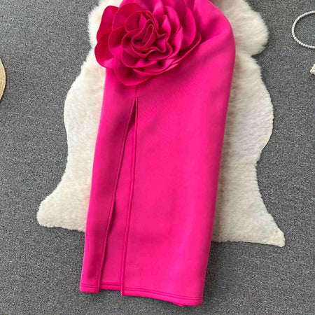 Desbam Rosette Dress In Pink - close-up of front slit, pink - Miss Mosa By Akanksha