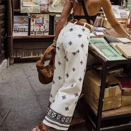 Desko Wide Leg Linen Boho Pants - back shot on model, white - Miss Mosa By Akanksha
