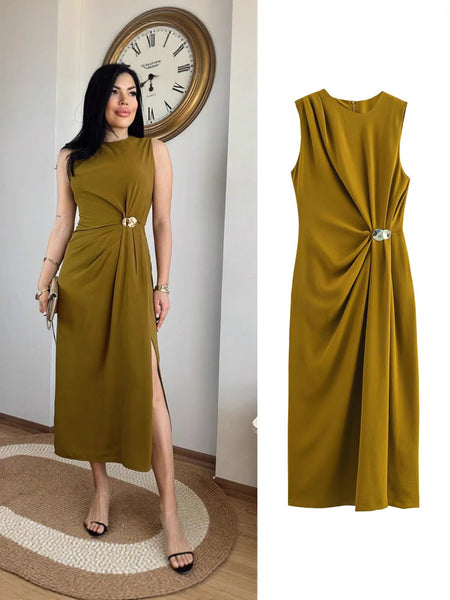 Desmia Luxe Slit Maxi Dress In Olive - front shot on model with flat-lay product shot - Miss Mosa By Akanksha