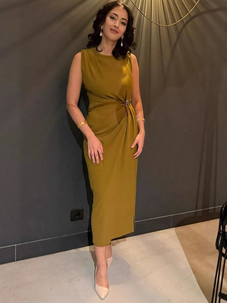 Desmia Luxe Slit Maxi Dress In Olive - full-length front shot on model - Miss Mosa By Akanksha