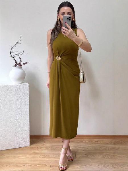 Desmia Luxe Slit Maxi Dress In Olive - full-length front shot on model - Miss Mosa By Akanksha